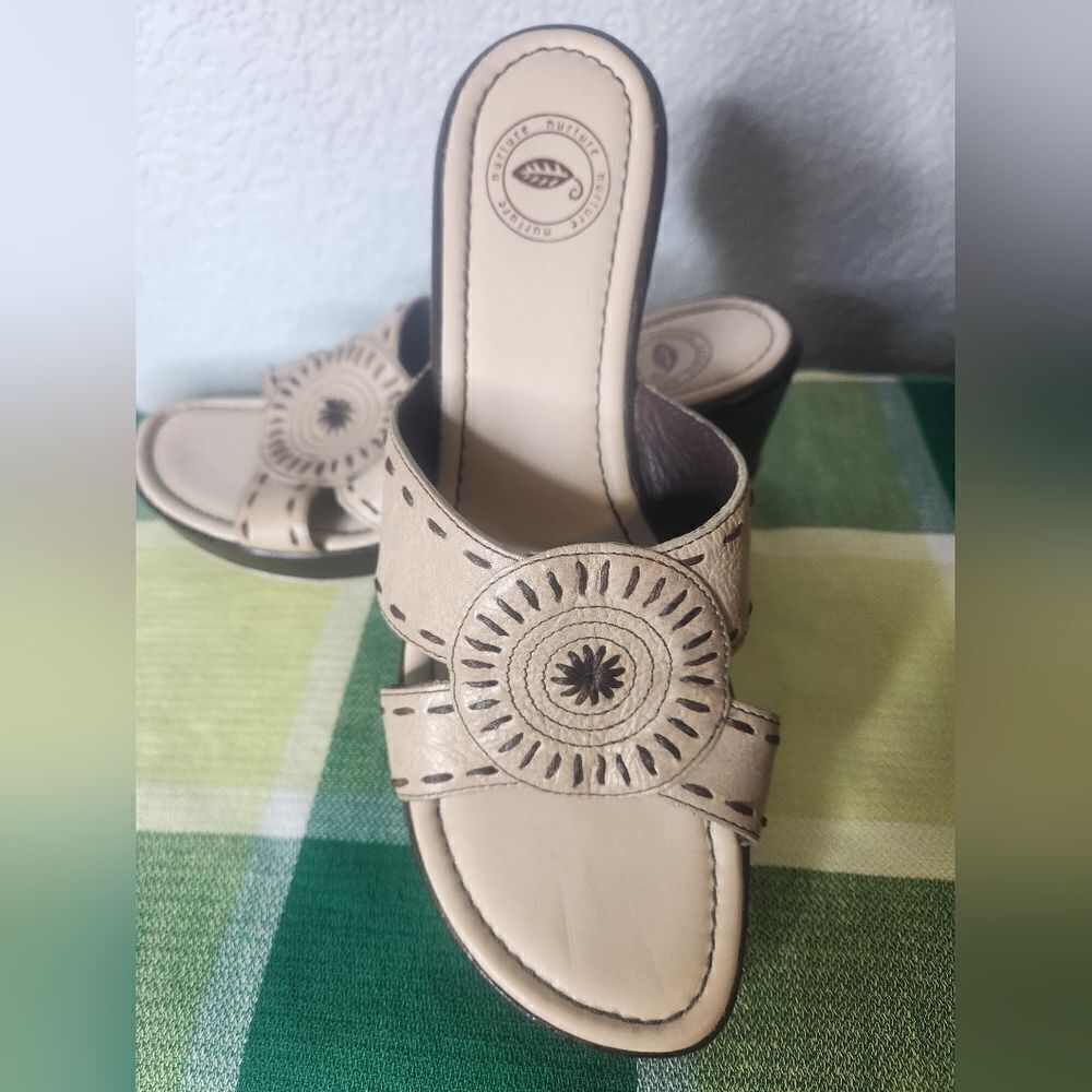 Nature 8M Beige Brown Heels  Leather Women's  Platform Wedge Sandals